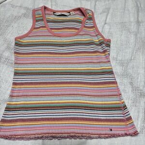 Vtg Tommy Hilfiger Ribbed Tank Top  Blue Pink Pastel Stripe Yellow Large